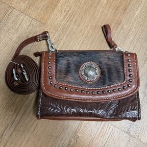 American West Genuine Leather Tooled Cowhide Crossbody Bag